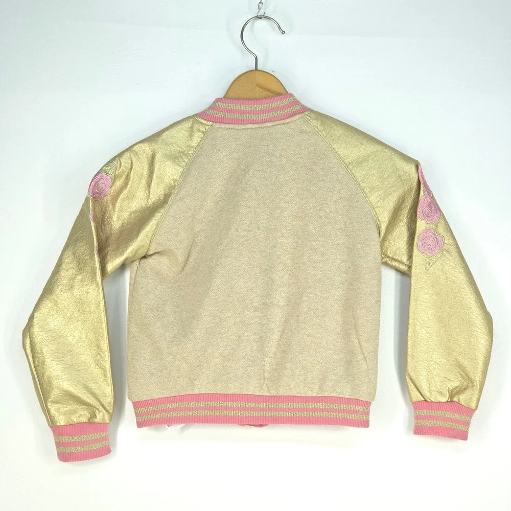 Disney Belle Gold Sleeve Bomber Jacket Girls 7/8 Floral Embroidery Princess Cute